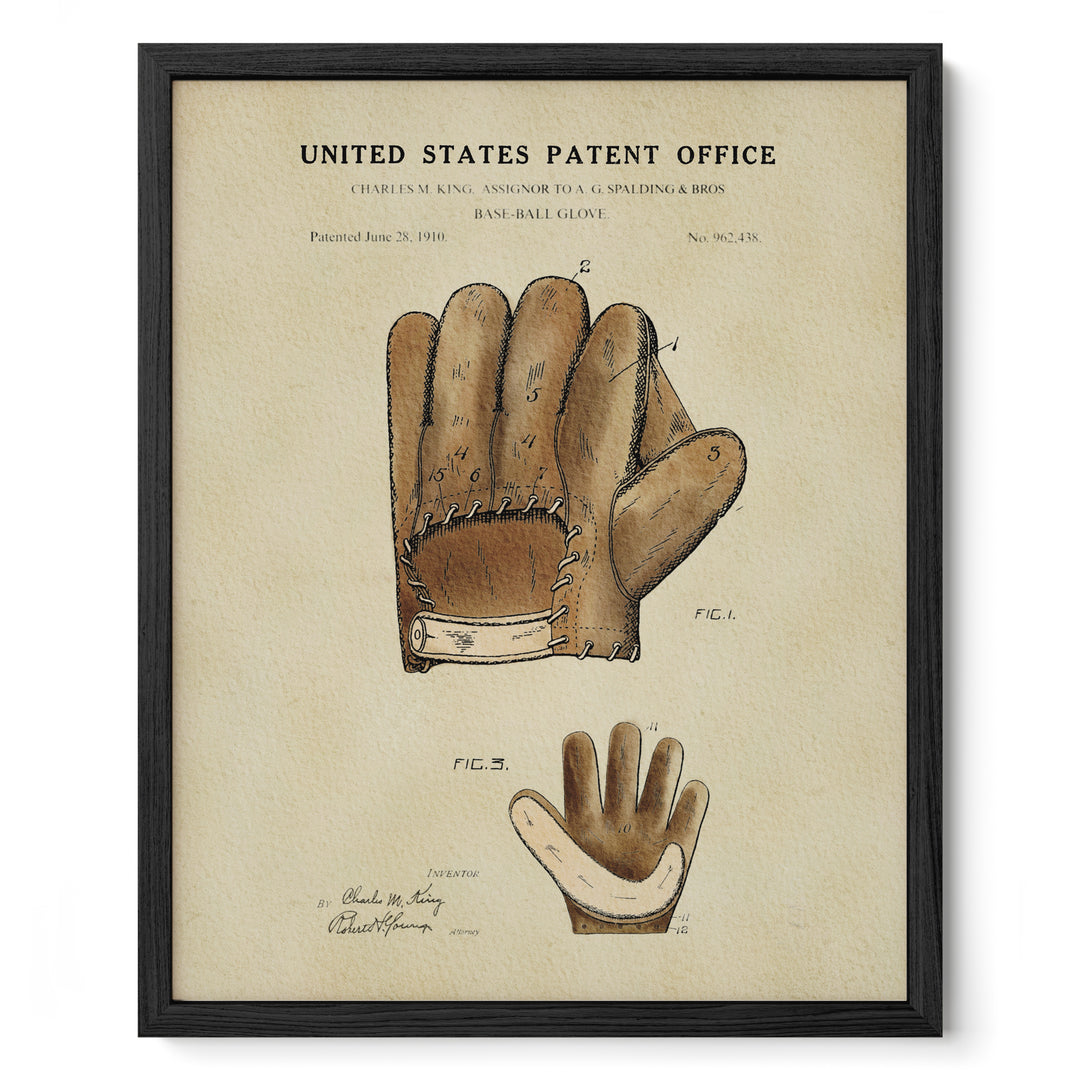 The image is a framed print depicting a baseball glove with an illustration of the glove and its components, including the palm, fingers, and stitching.