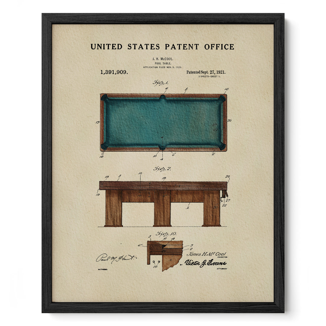 The image is a framed vintage patent drawing of a pool table, depicting the design and construction of the table and its components.