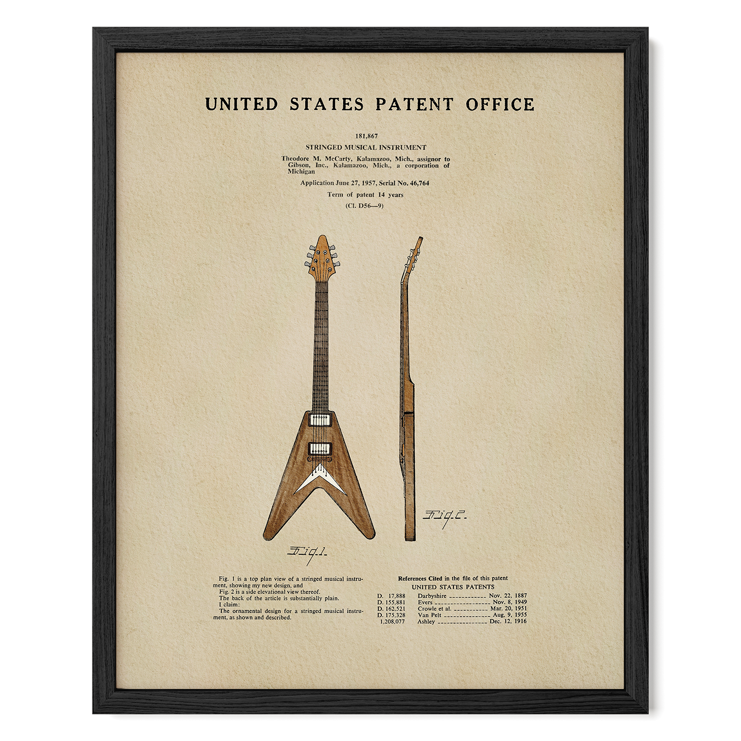 The image is a framed patent office patent for a guitar, featuring a detailed illustration of the guitar's design and construction.