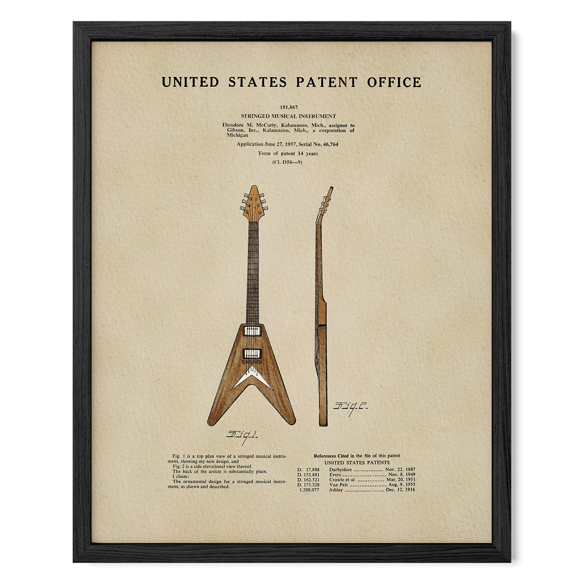 The image is a framed patent office patent for a guitar, featuring a detailed illustration of the guitar's design and construction.