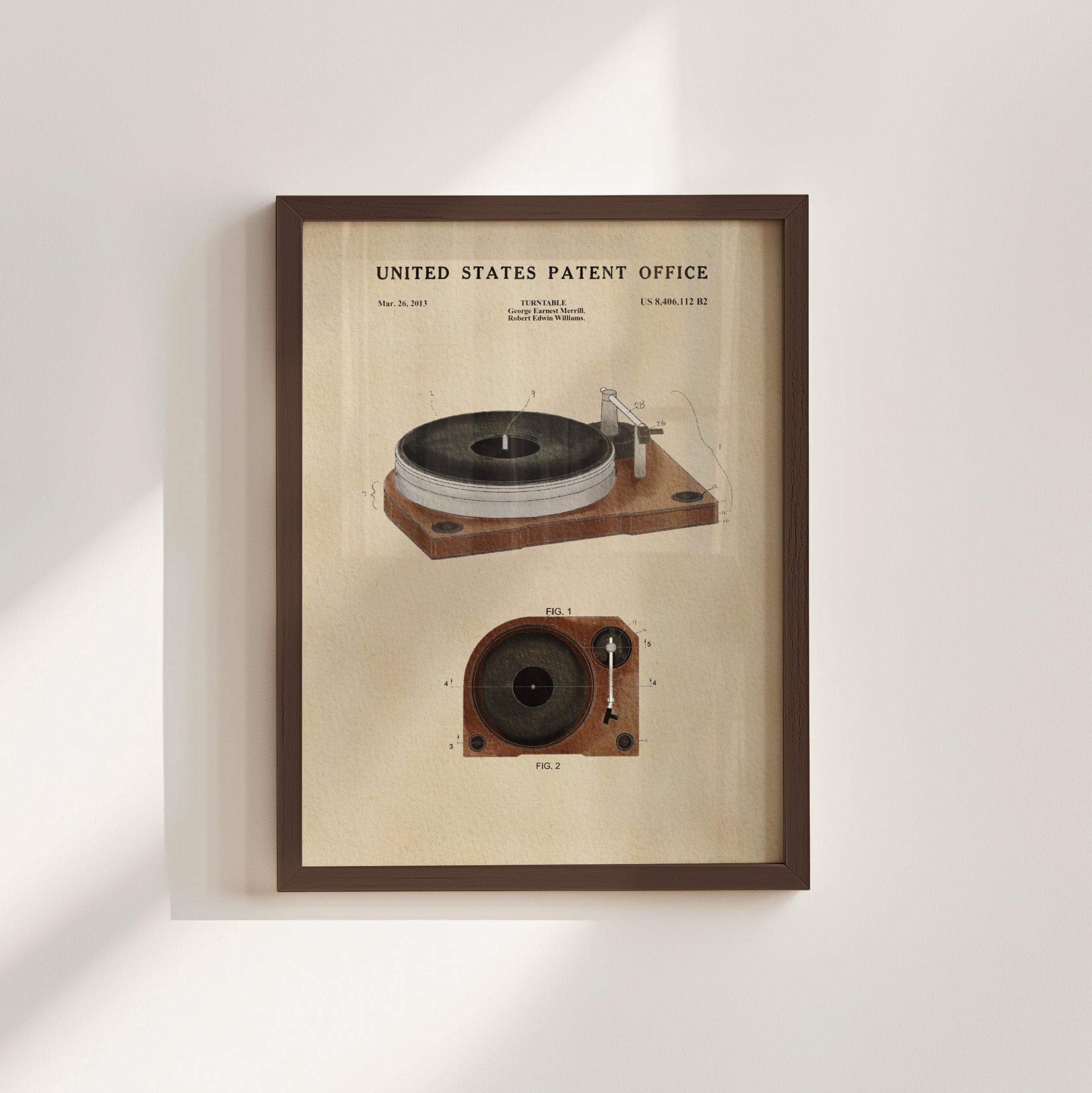The image is a framed vintage patent drawing of a turntable, depicting the design and features of the turntable.