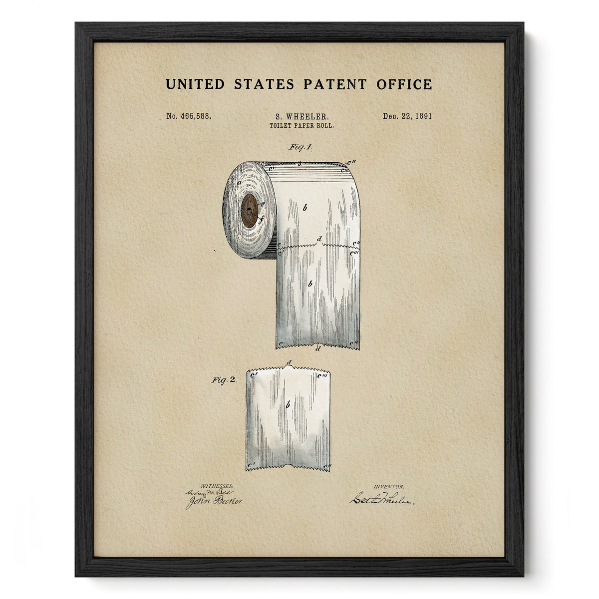 The image is a framed patent drawing depicting a roll of toilet paper, with the title "United States Patent Office" at the top.
