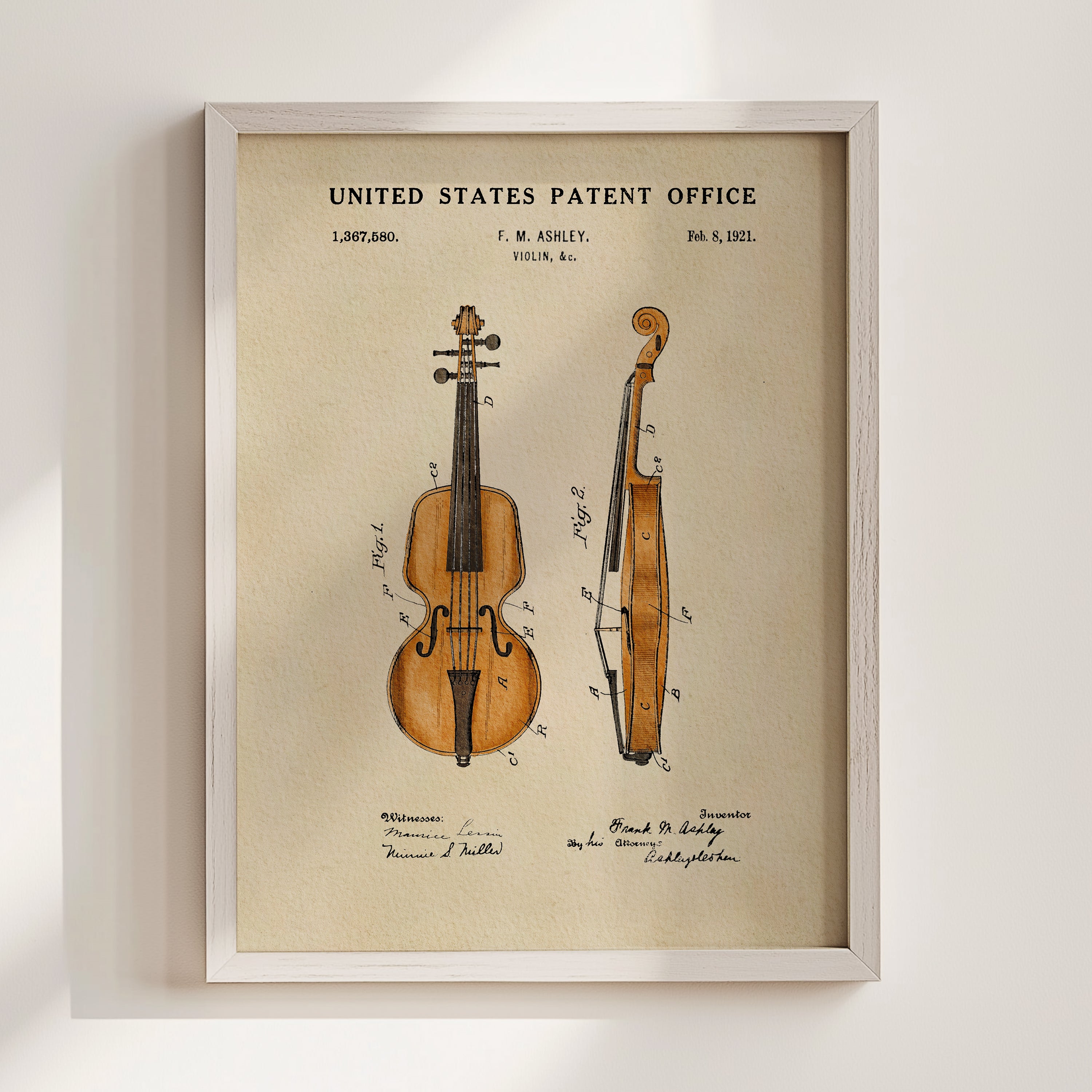 The image is a framed print of a violin patent from the United States Patent Office, dated 8/8/21, featuring a detailed illustration of the violin's design.